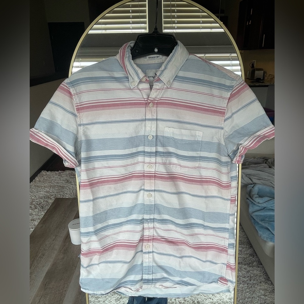 American Eagle Outfitters Short-Sleeve Button-Down Shirt - White, Blue & Red